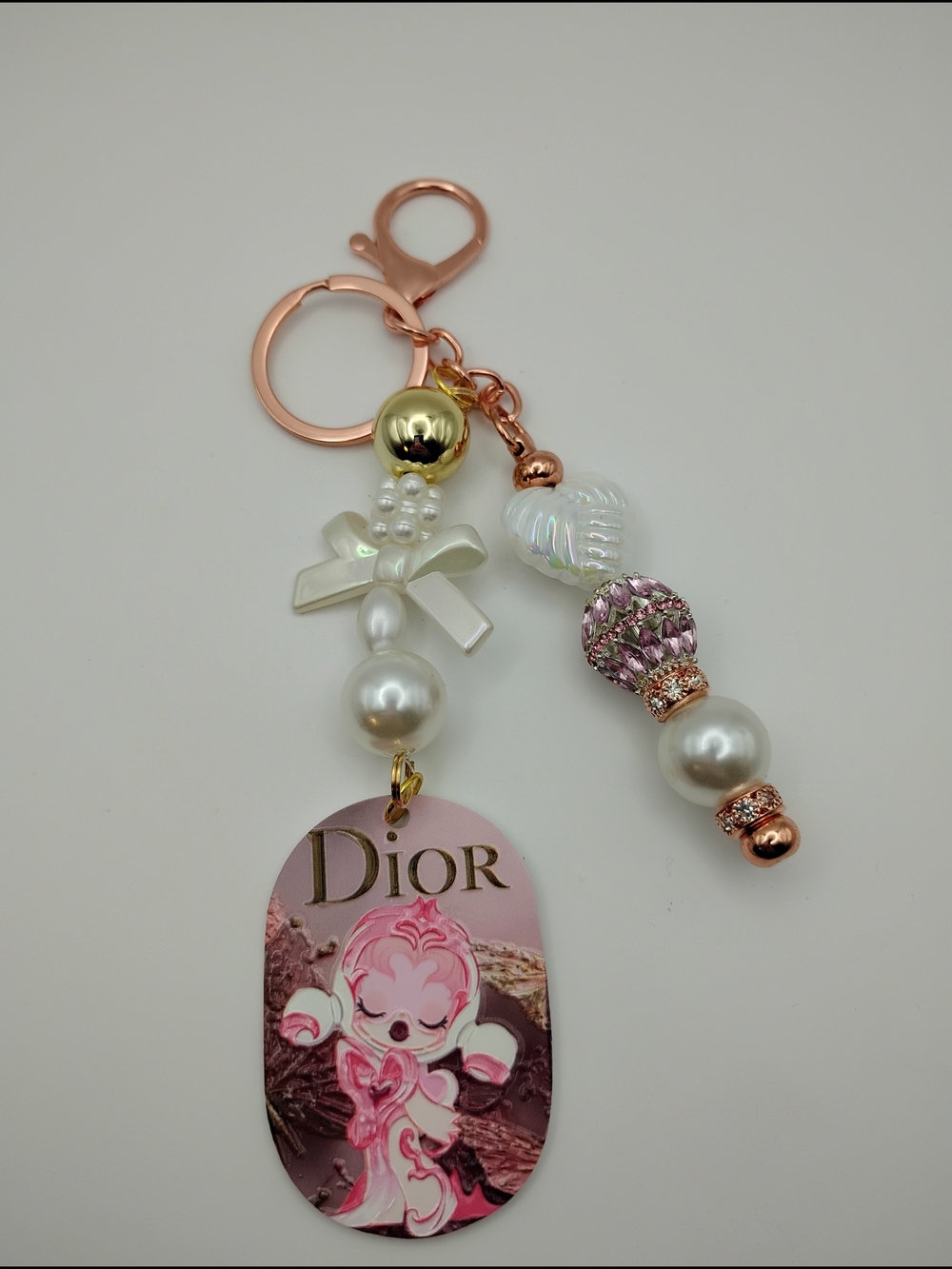 SkullPanda Pink Pearl and Charm Keyring with Rose Gold Hardware